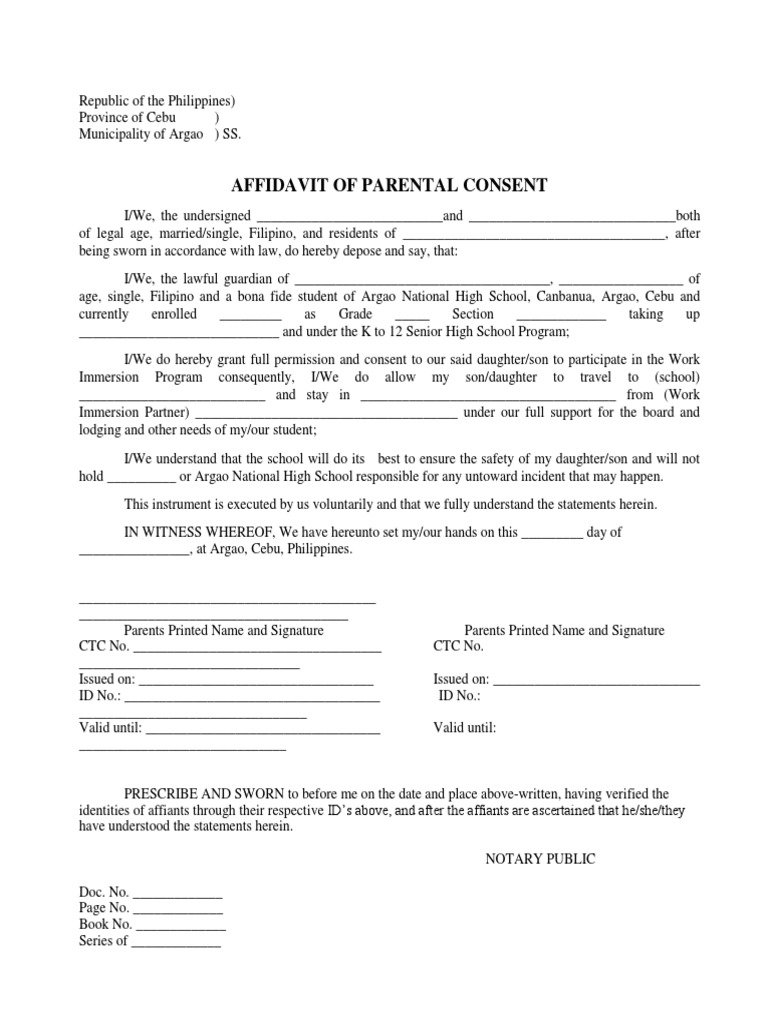 Affidavit of Parental Consent | PDF | Affidavit | Government And Personhood