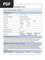 University of Niš Course Unit Descriptor Faculty