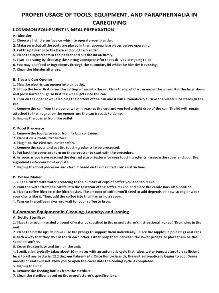 Proper Usage of Tools, Equipment, and Paraphernalia in Caregiving