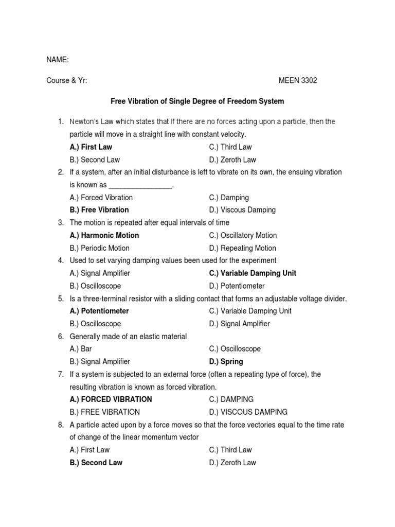 Free Vibration Quiz PDF Applied And Interdisciplinary Physics