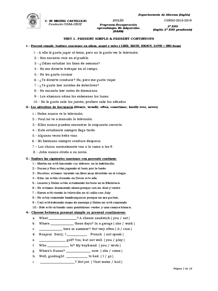 Ejercicios De Ingles Presente Simple Y Continuo 2 Eso Ingles 2eso | PDF | Idiomas | Ocio