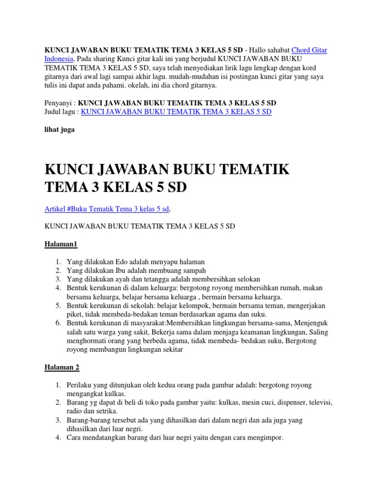 Kunci Jawaban Buku Tematik Tema 3 Kelas 5 Sd Pdf