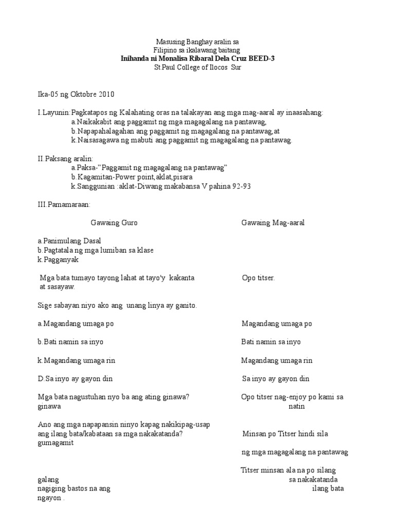 LESSON PLAN Filipino Subject