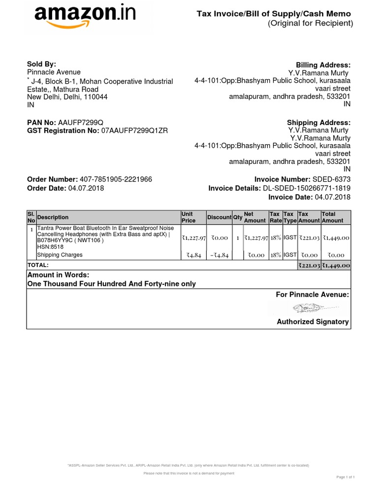 Amazon Invoice on Purchasing Tantra Power Boat Bluetooth Earphones