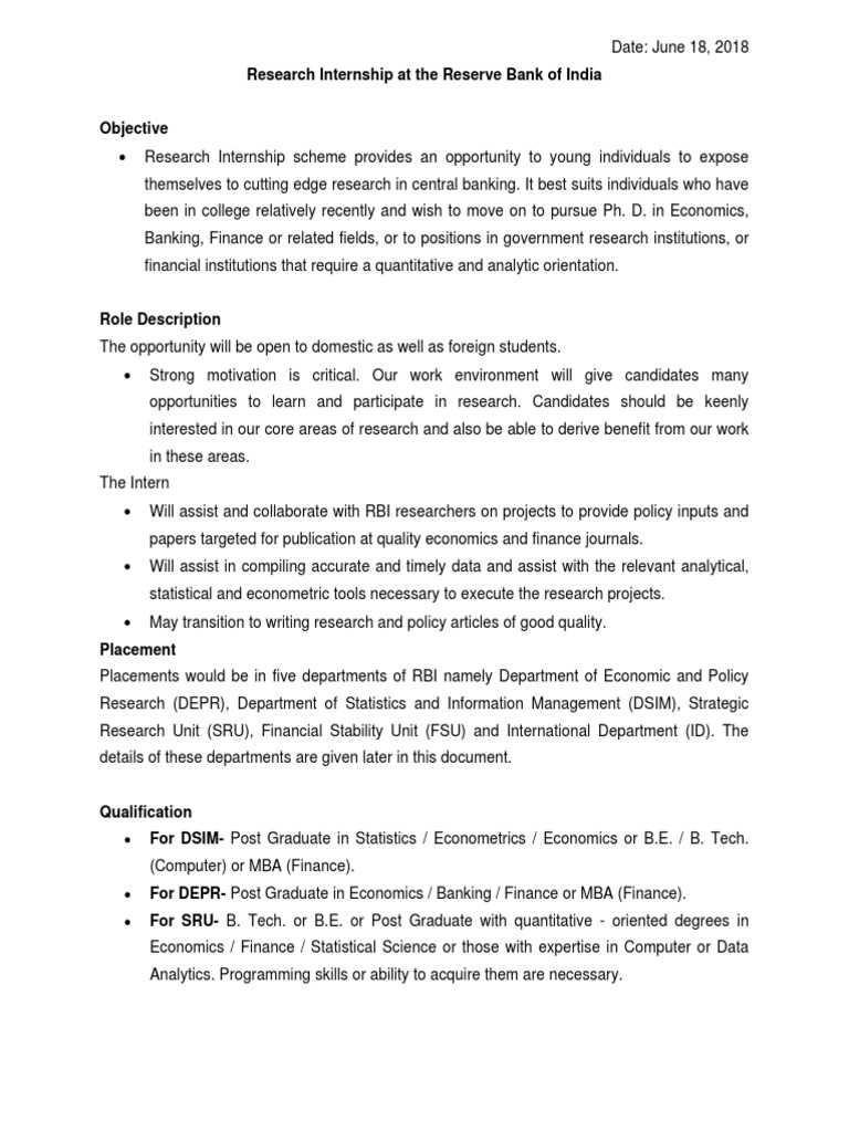 RBI Research Internship PDF | PDF | Reserve Bank Of India | Central Banks
