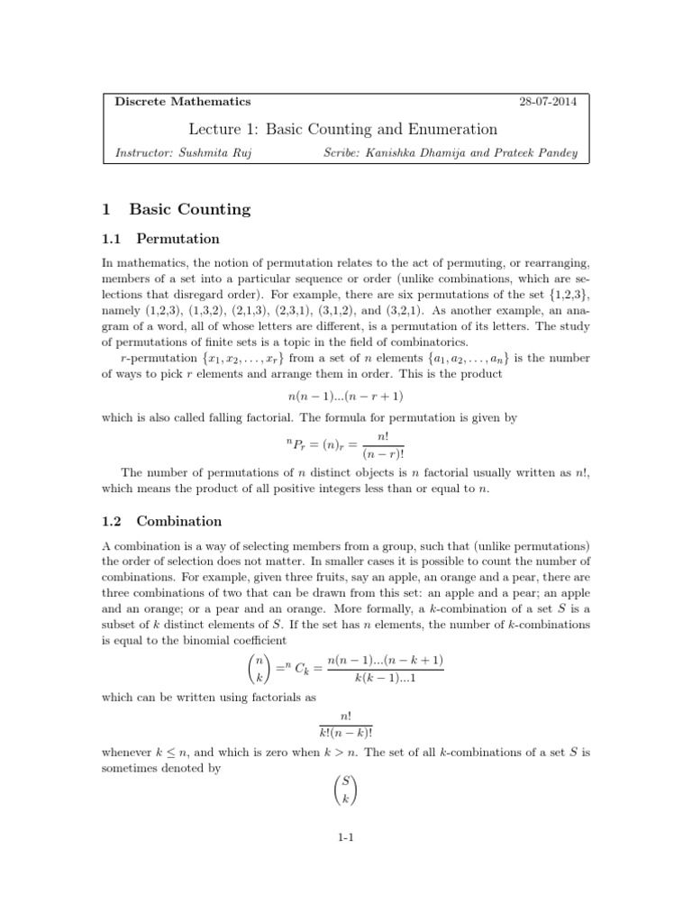 Lecture 1 Basic Counting and Enumeration 1.1 Permutation PDF