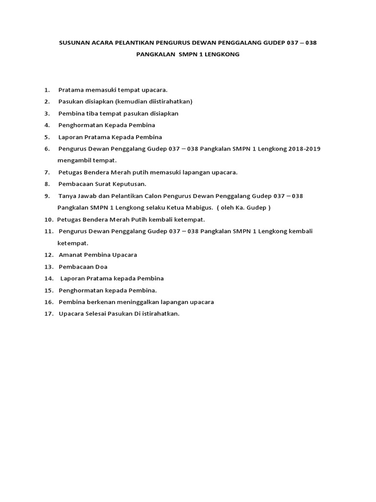 Susunan Acara Pelantikan Pengurus Dewan Penggalang Gudep 037