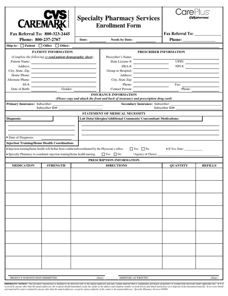 Specialty Pharmacy Services Enrollment Form Medical Prescription
