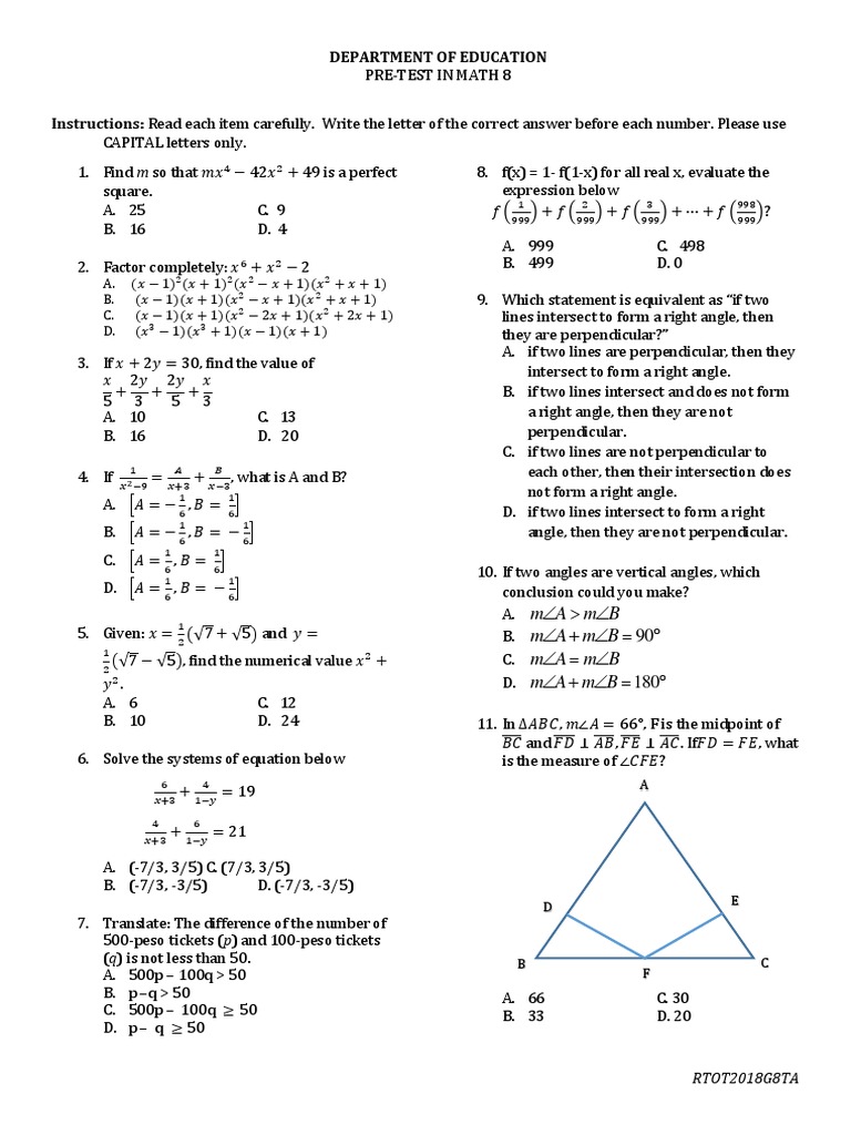 G8 Pretest Set A Classical Geometry Triangle Geometry
