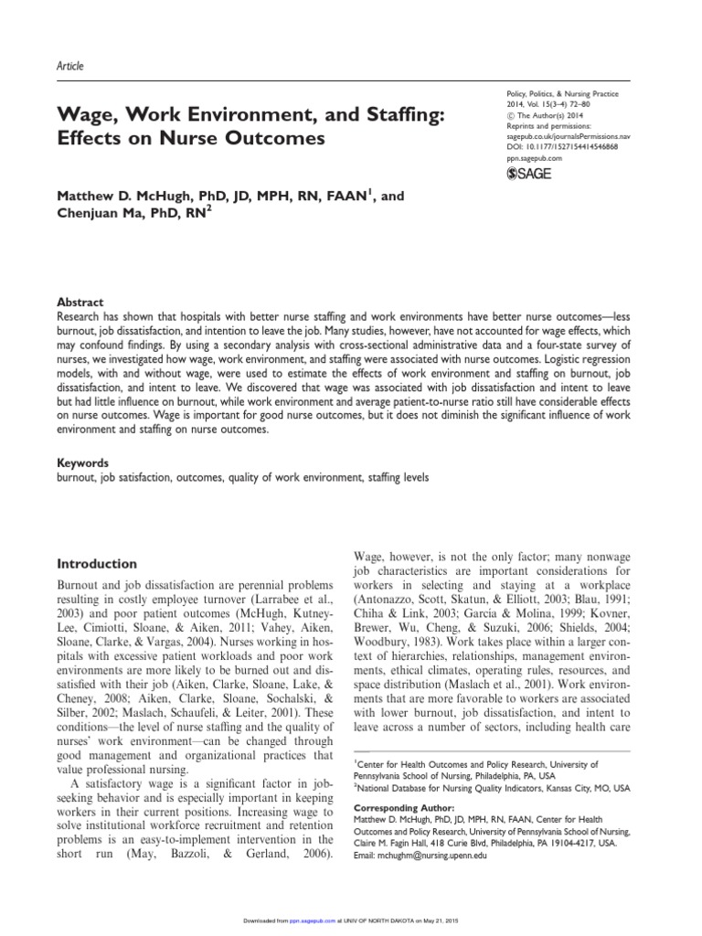 Wage, Work Environment, and Staffing: Effects On Nurse Outcomes | PDF ...