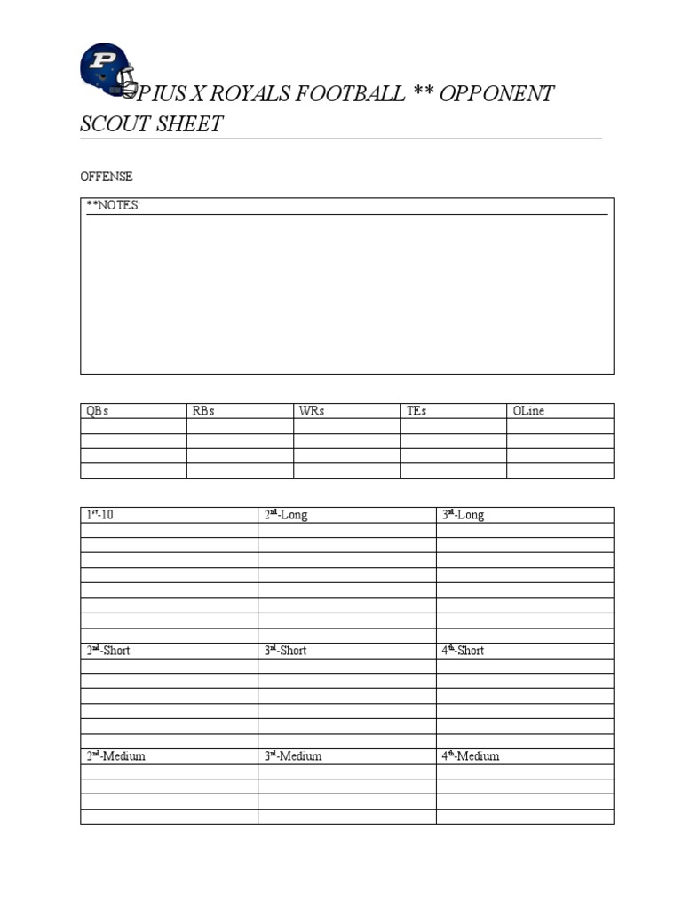 Pius X Royals Football Scout Sheet | PDF