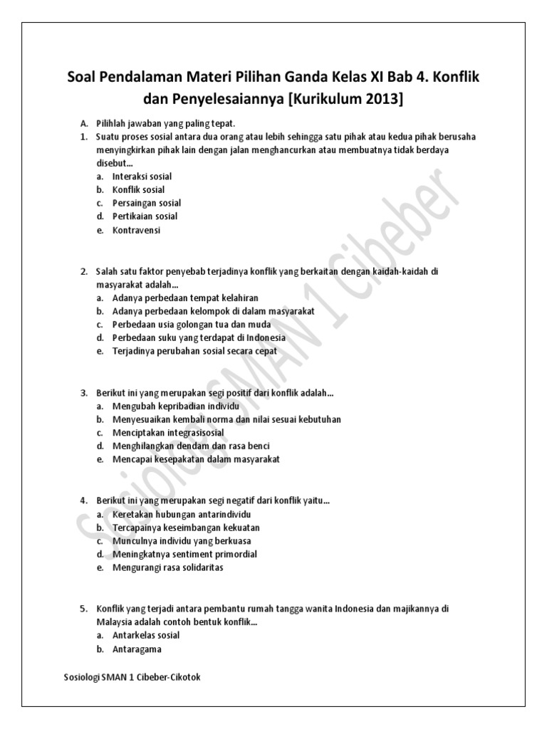 5 Soal Pendalaman Materi Pilihan Ganda Kelas Xi Bab 4 Konflik Dan Penyelesaiannya Kurikulum 2013