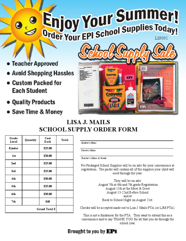School Supply Order Form PDF