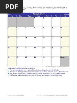 August 2018 Holiday Calendar