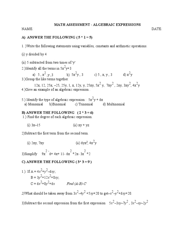 Algebraic Exp Assessment Pdf