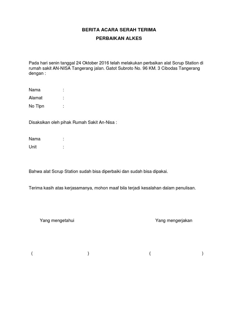 Berita Acara Serah Terima Alkes Pdf