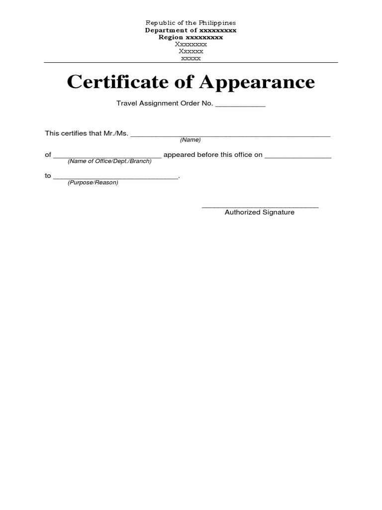 Certificate of Appearance Template  PDF Inside Certificate Of Appearance Template