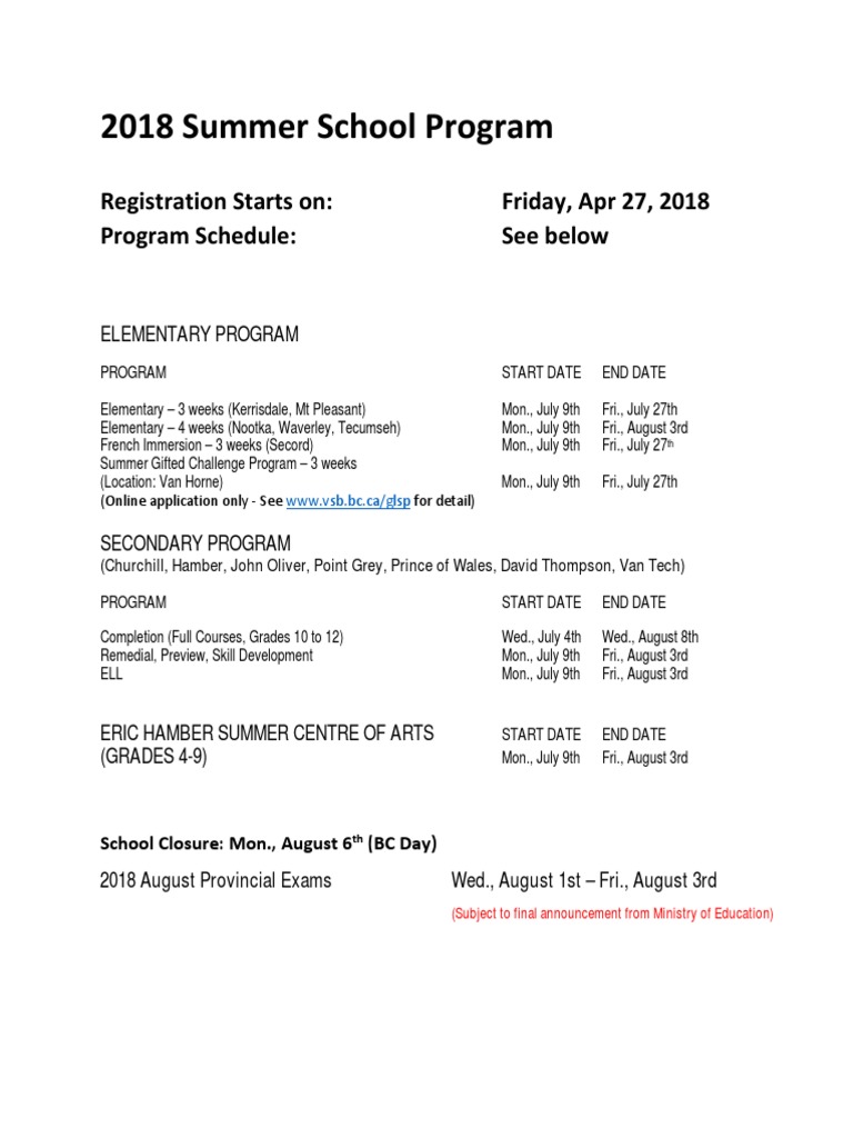2018 Summer School Program Registration Starts On Friday, Apr 27