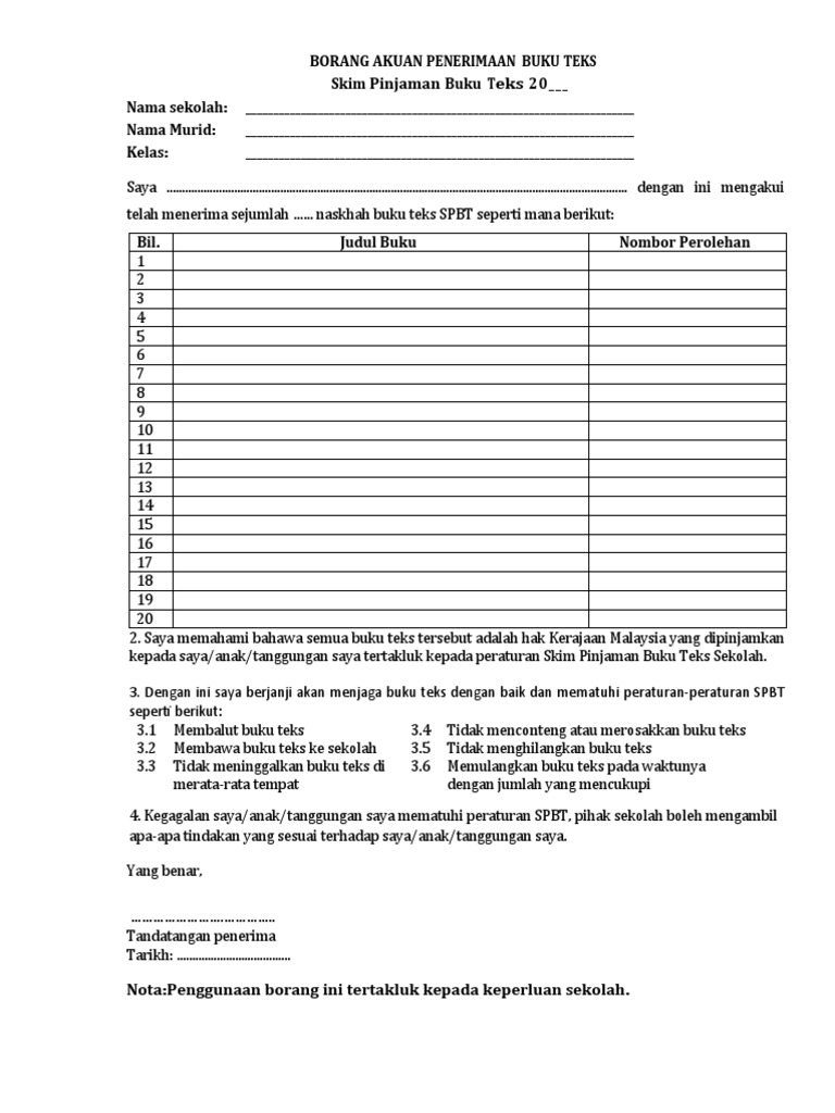 Borang Penerimaan Buku Teks Tahun 2 2018 Semasa Pemulangan Buku