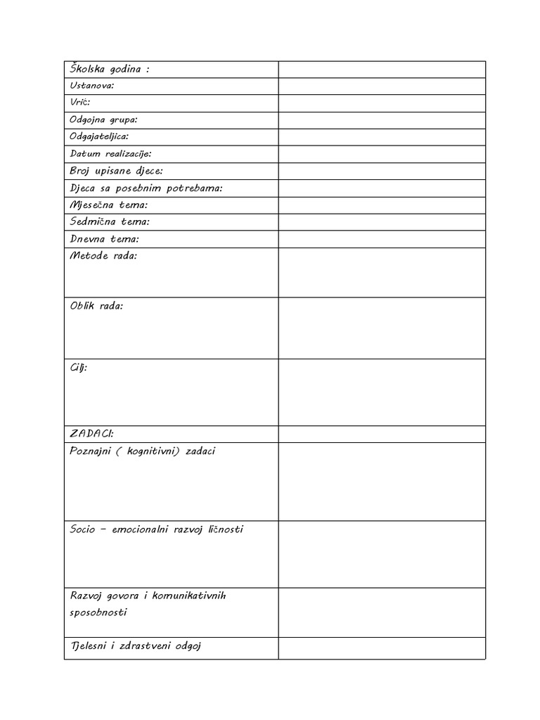 Priprema Za Realizaciju Dnevnih Aktivnosti-Obrazac | PDF