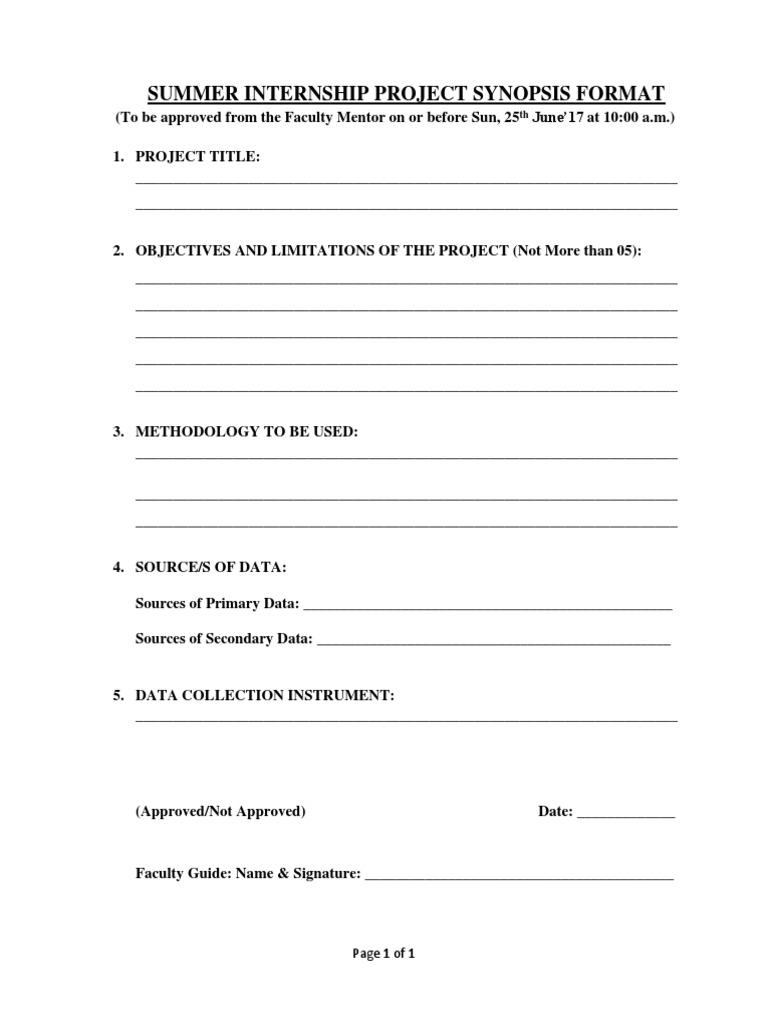 Summer Internship Project Synopsis Format: Page 1 of 1 | PDF