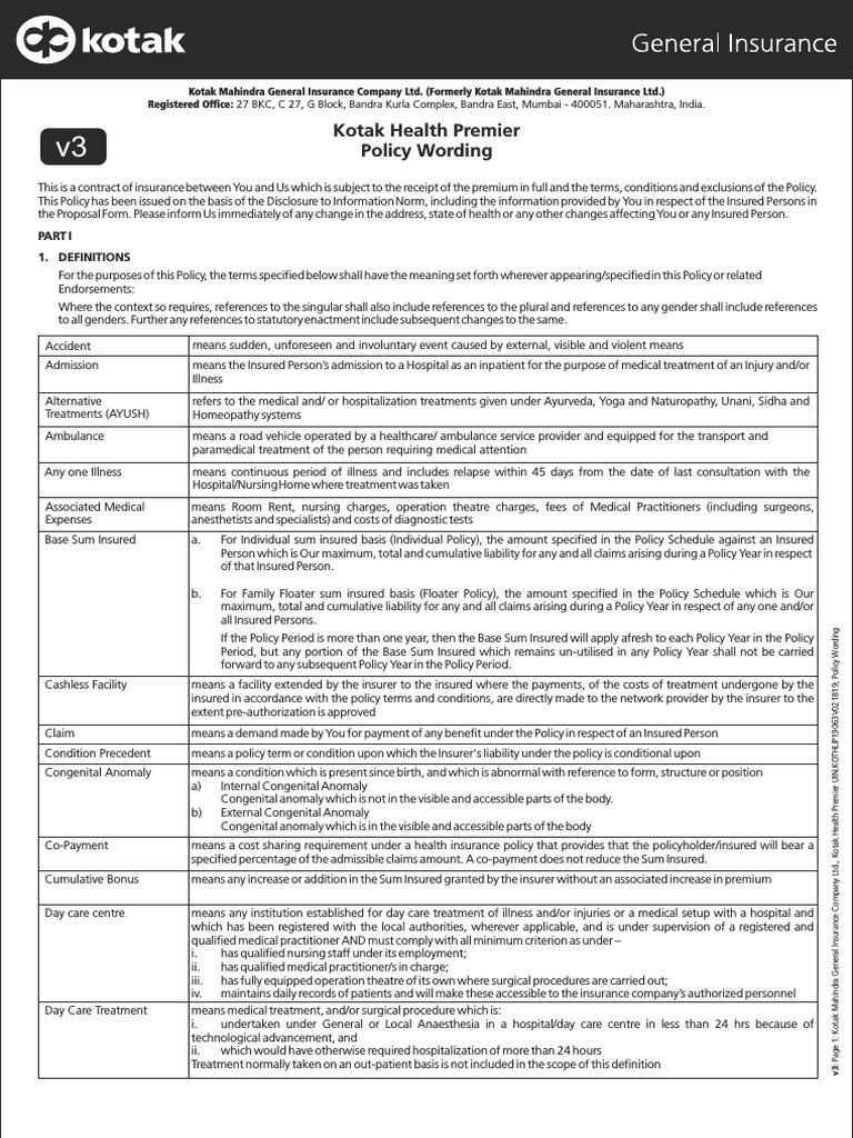 Kotak Health Premier Claim Form Part B PDF Intensive Care Unit