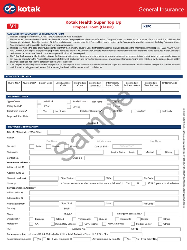 Kotak Health Super Top Up Proposal Form Classic PDF Insurance Cheque