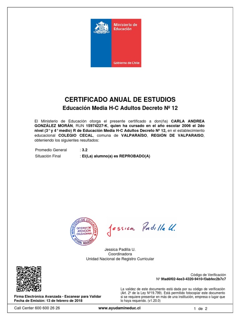 Certificado Anual De Estudios Educación Media HC Adultos