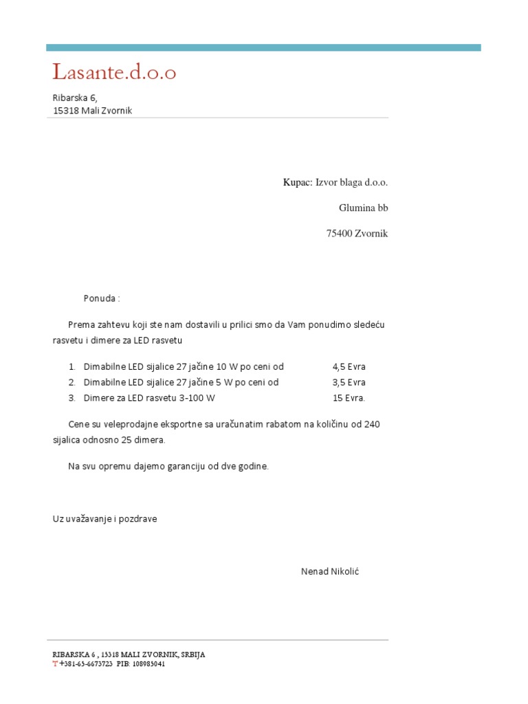 Ponuda Za Izvor Blaga D.O.O. | PDF