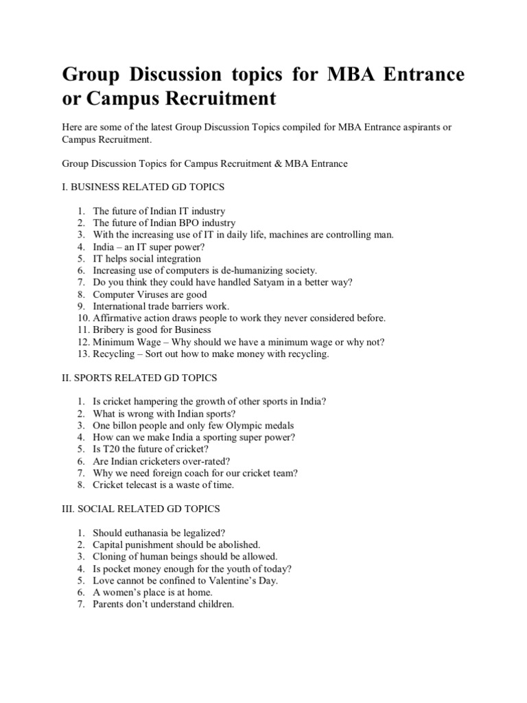 Group Discussion Topics For MBA Entrance or Campus Recruitment | PDF ...