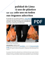 Municipalidad de Lima Regulará Uso de Plástico de Un Solo Uso en Todos Sus Órganos Adscritos