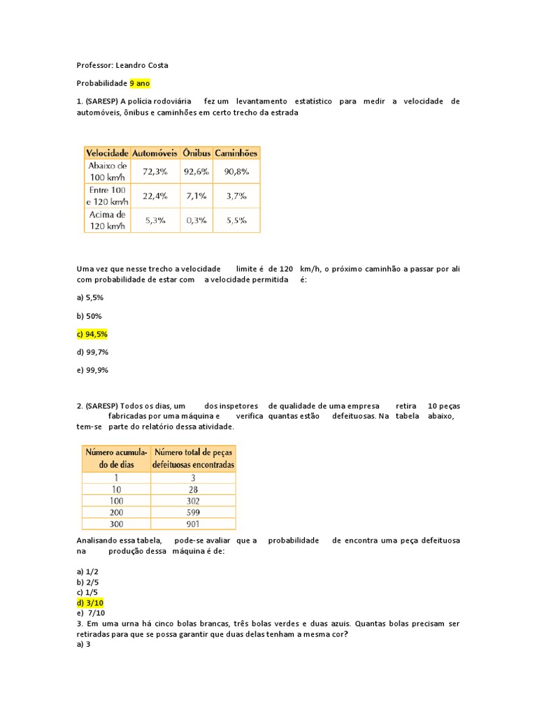 Probabilidade 9 Ano | Probabilidade | Matemática