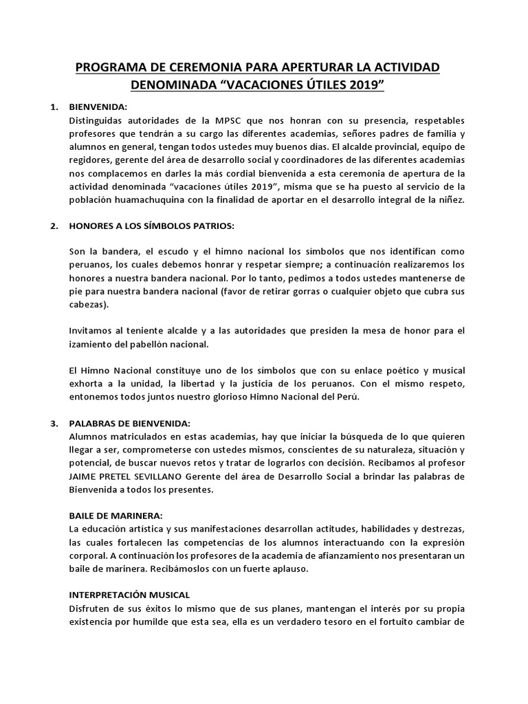 Programa de Ceremonia Vacaciones Útiles 2019 | PDF | Deportes | Maestros