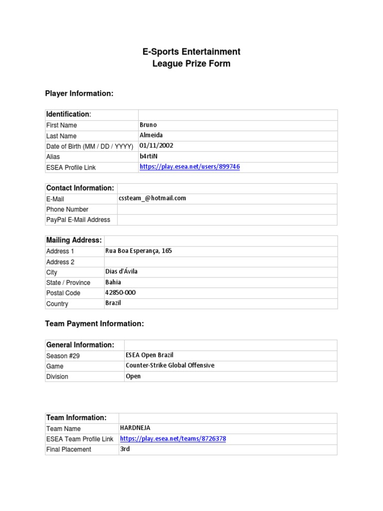 E-Sports Entertainment League Prize Form: Player Information | PDF ...