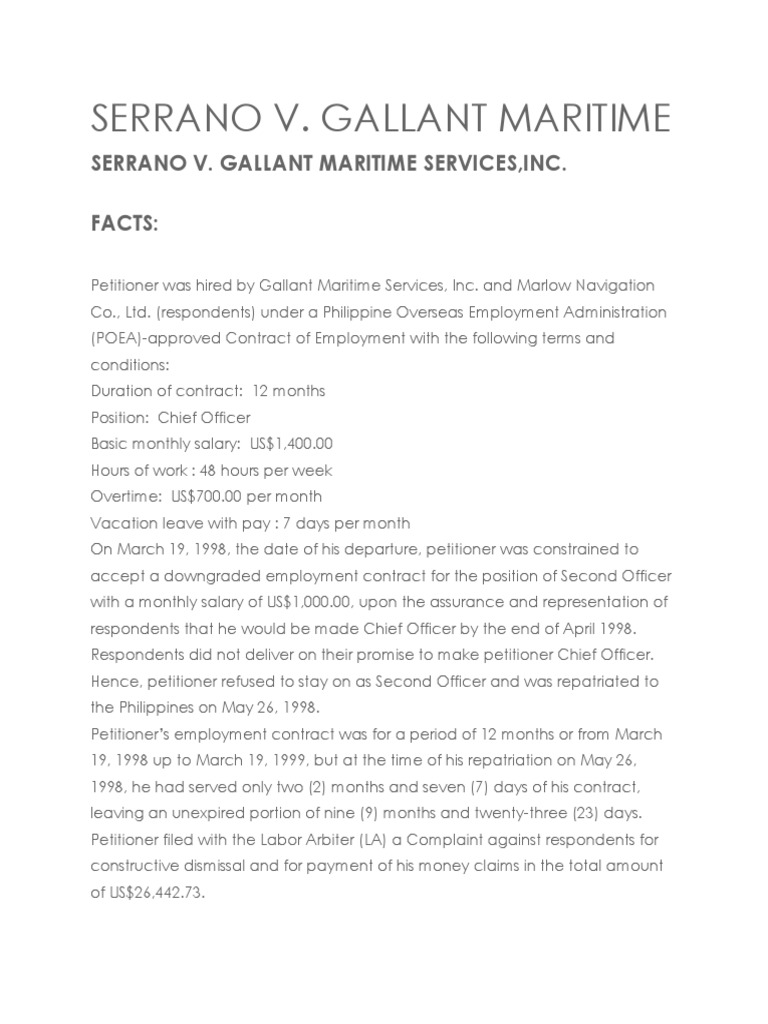 Serrano V. Gallant Maritime Services, Inc. Facts | PDF | Equal ...