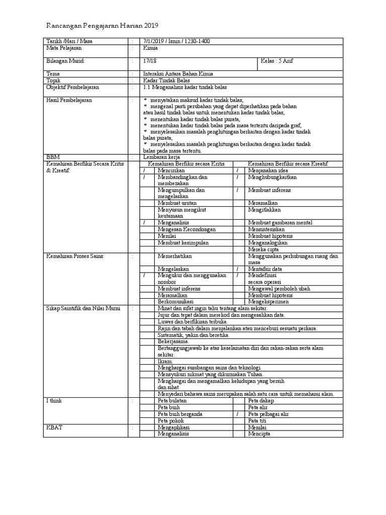 Kemahiran Berfikir dalam RPH Kimia | PDF