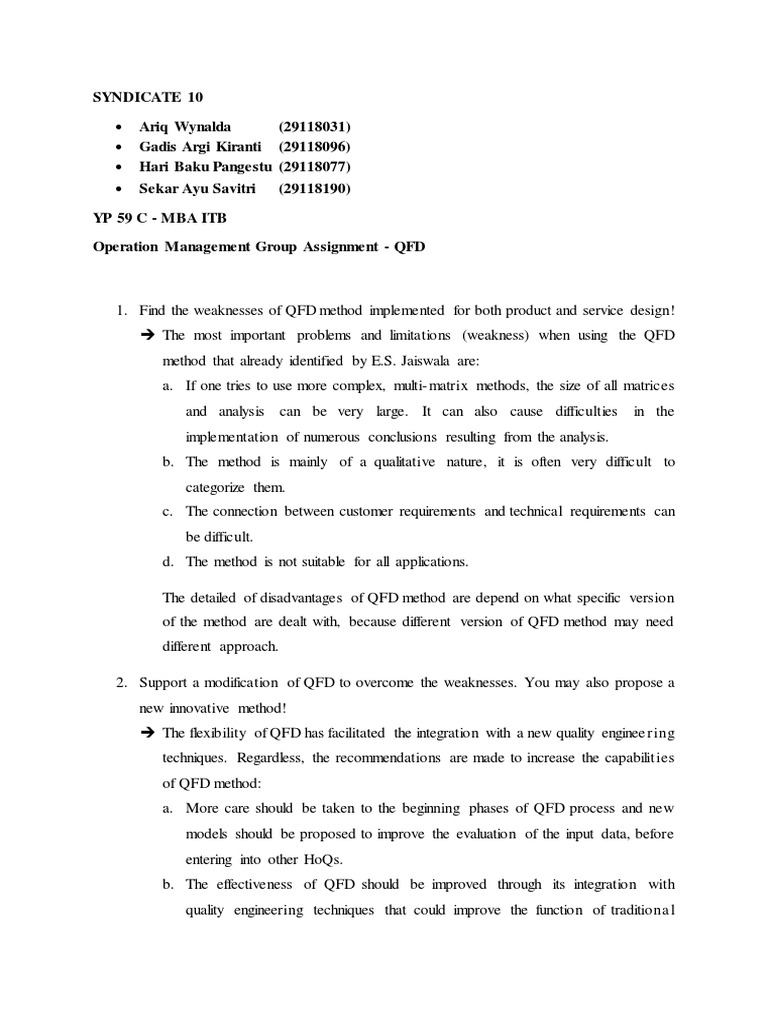 Operation Management Assignment QFD PDF Operations Management