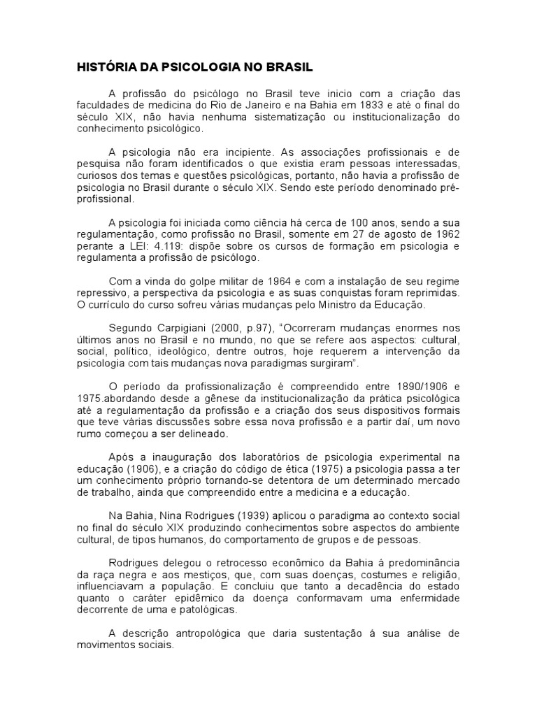 História Da Psicologia No Brasil | PDF | Psicologia | Sociologia