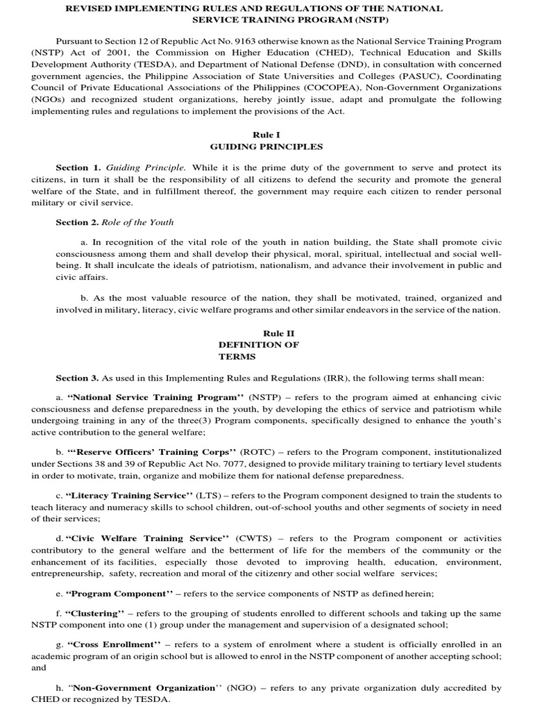 NSTP Revised Implementing Rules and Regulations | PDF | Cadet | Reserve ...