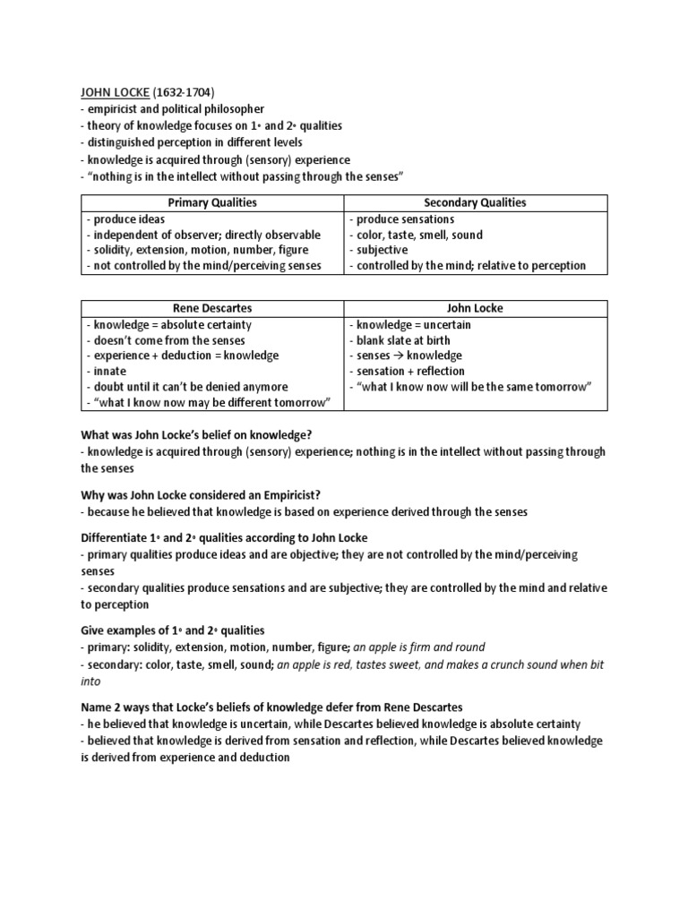 Study Guide Locke Berkeley Kant Hume PDF A Priori And A Posteriori