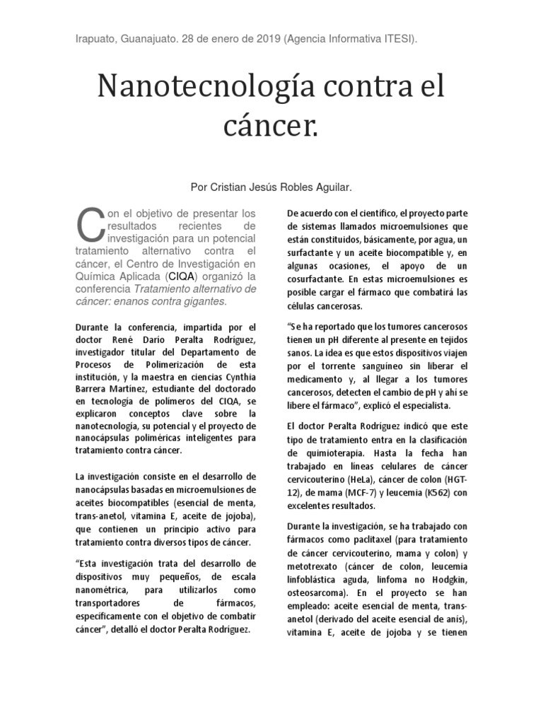 Nanotecnología en el Tratamiento del Cáncer | PDF | Nanotecnología | Cáncer