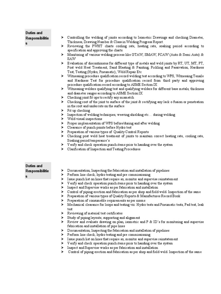 Duties and Responsibilities PDF Welding Construction