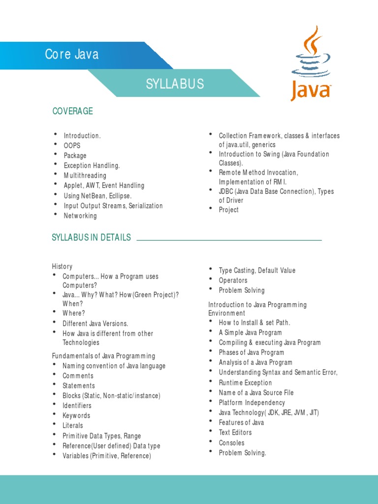 Core Java Syllabus: Coverage | PDF | Java (Programming Language ...