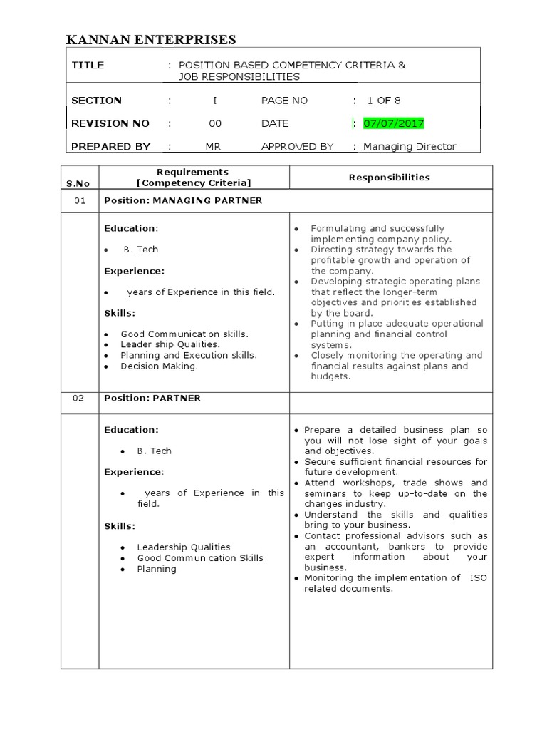 01 - Position Based Competency Criteria | PDF | Sales | Packaging And ...
