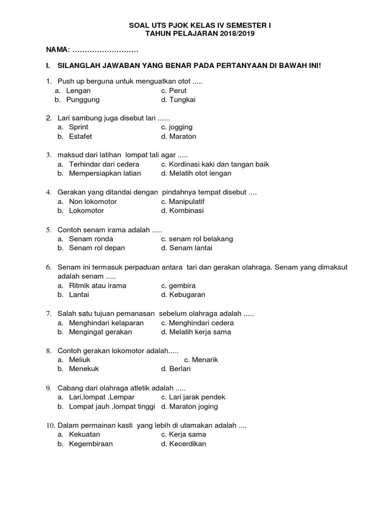 Soal Uts Pjok Kelas Iv Semester I Docx
