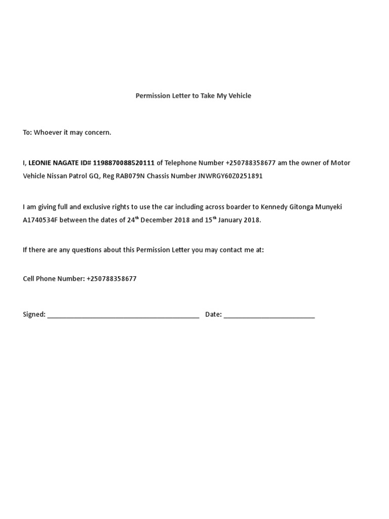 Permission Letter To Take My Vehicle TH TH PDF