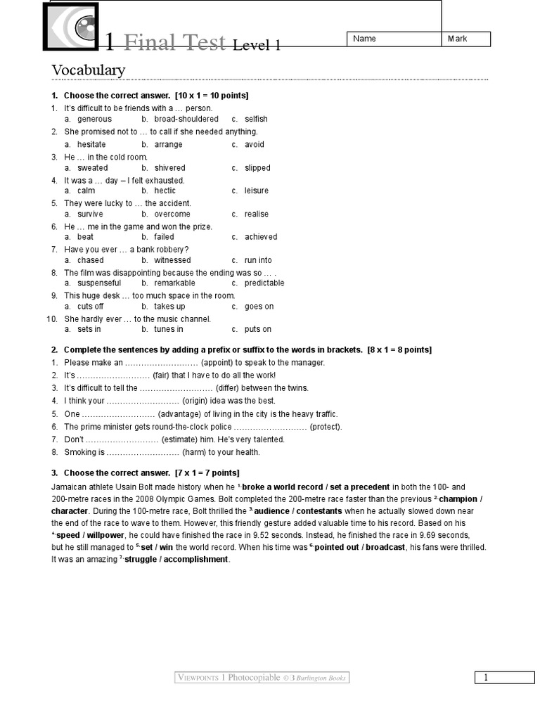 Level 1 Final Test Overview | PDF | Home & Garden