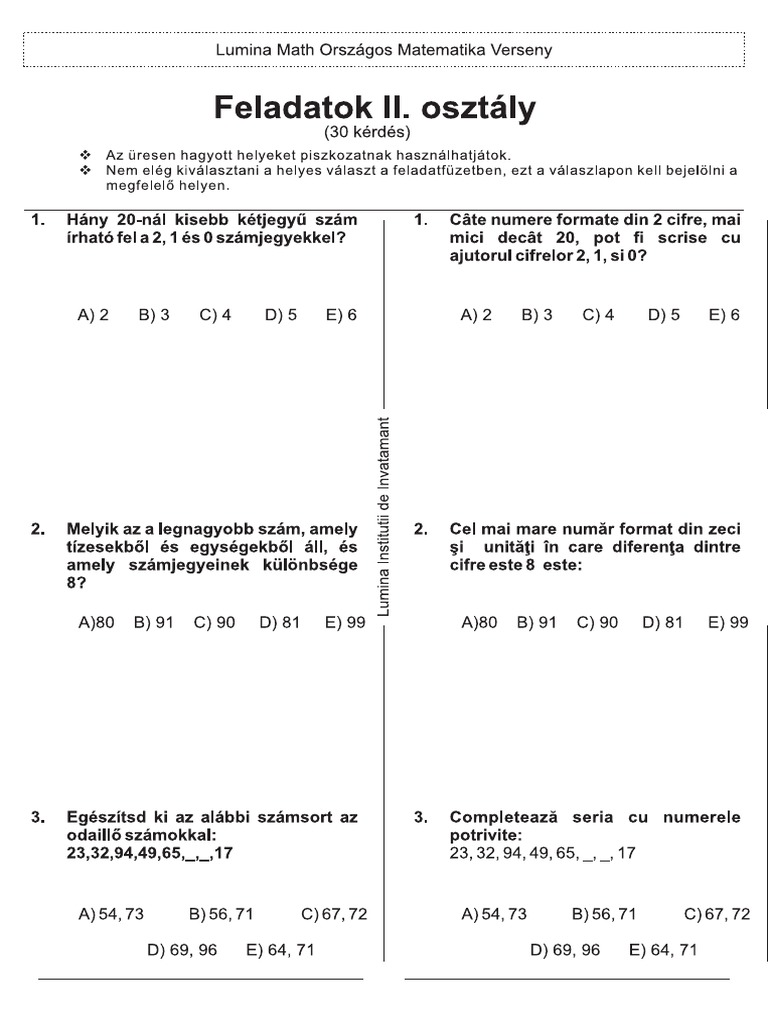 2013 - Matematica - Concursul 'Lumina Math' - Etapa 1 - Clasa A II-A ...