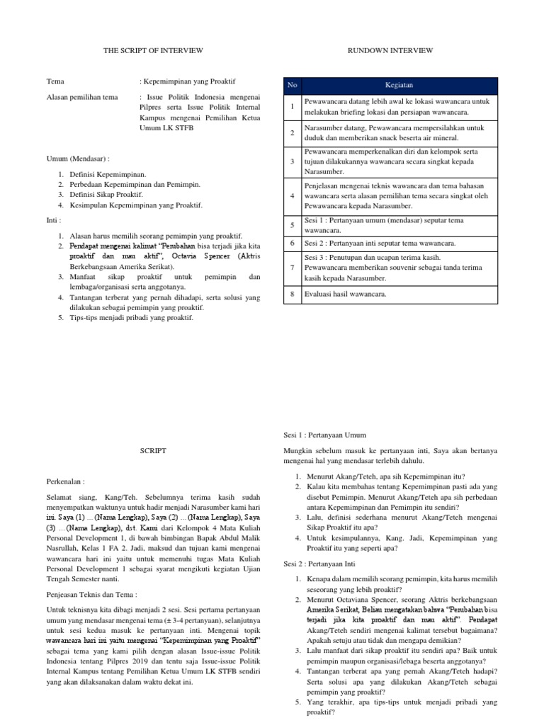 Skrip Wawancara Kepemimpinan Proaktif | PDF | Sains & Matematika