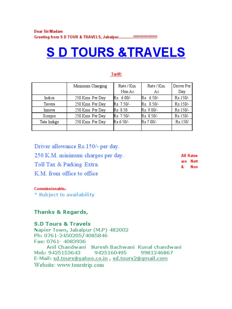 Jabalpur Car Rental Rates | PDF